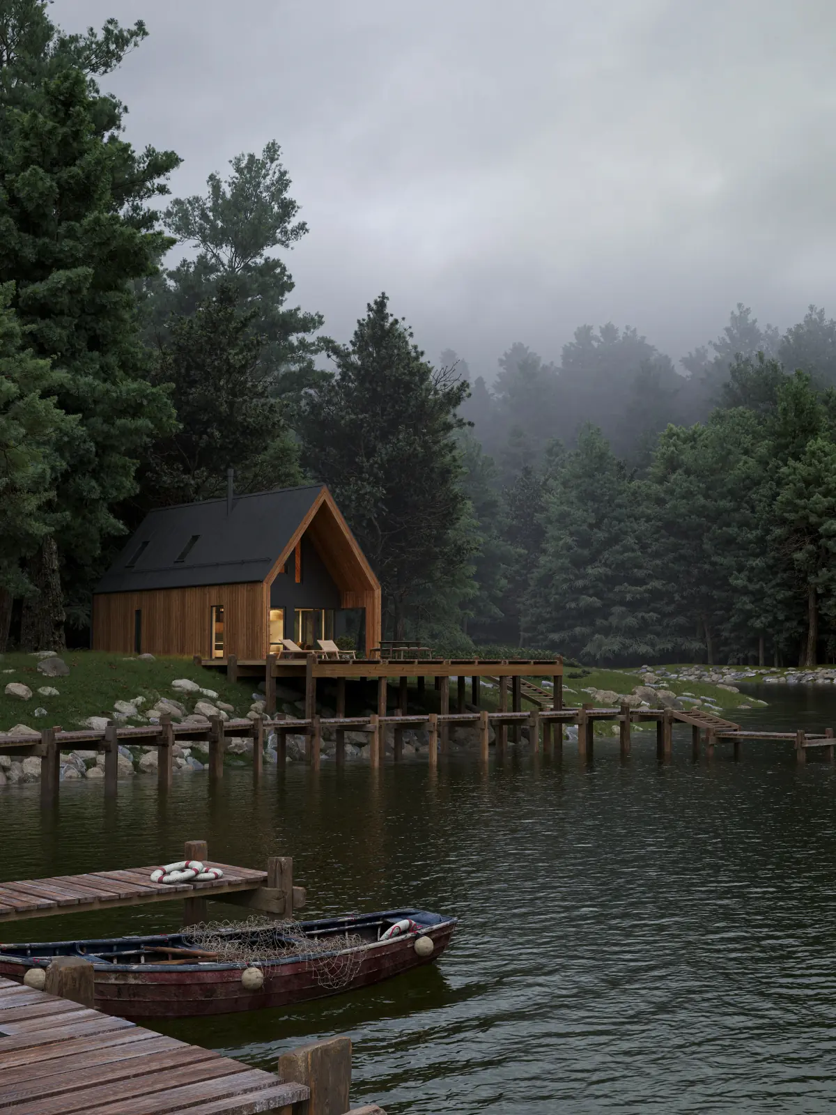 A timber house on the water, surrounded by a misty forest.