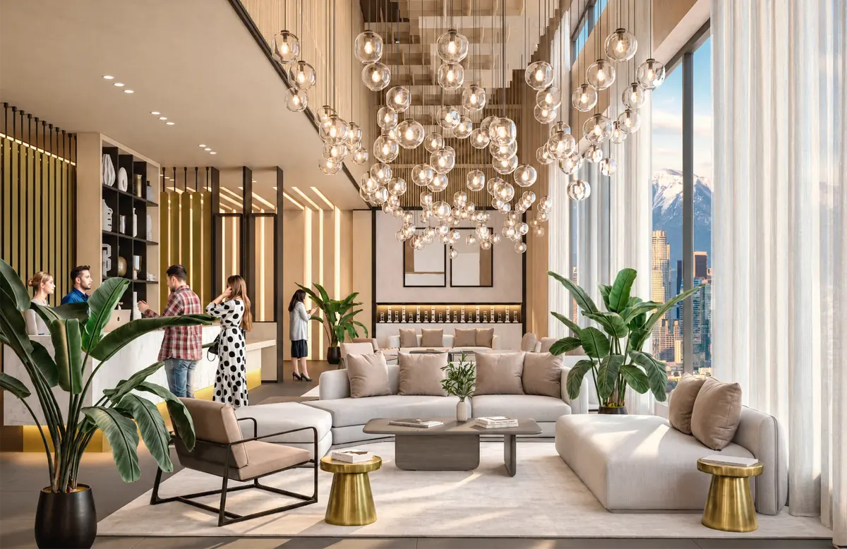 A hospitality lounge with layered lighting and expansive glazing.