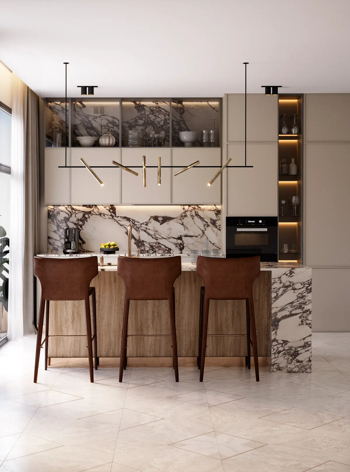 Marble, warm wood and carefully composed lighting in a residential kitchen.